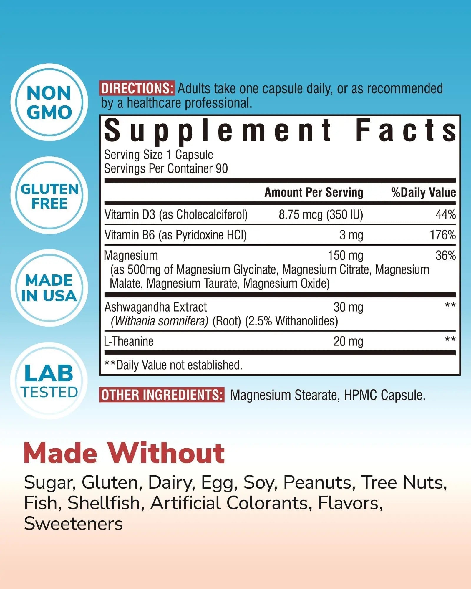 Vitalibre Magnesium Complex with Ashwagandha & L-Theanine - Stress Relief, Bone & Relaxation Support - w/Vitamin D3, B6 - Glycinate, Citrate, Malate, Taurate - 90 Vegan Capsules, Non-GMO, Gluten Free - TrustMedUSA