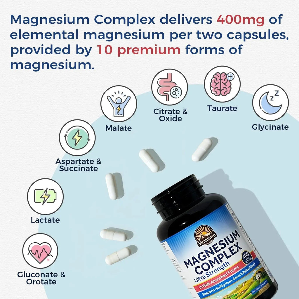 Vitalitown 10 in 1 Magnesium Complex Supplement - 400mg Elemental Magnesium Chelated with Glycinate, Citrate, Malate, Taurate & More - for Sleep Heart Energy - Non-GMO, Vegan, 90 Caps - TrustMedUSA