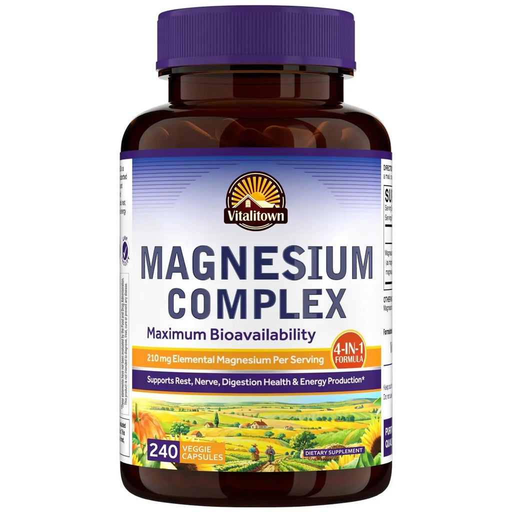 Vitalitown Magnesium Complex | Chelated Easily Absorbed Magnesium Glycinate Citrate Malate | Buffered | 210mg Elemental Mag | Sleep, Nerve, Digestion, Energy | Non-GMO 240 Veg Caps - TrustMedUSA