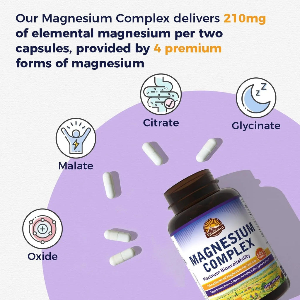 Vitalitown Magnesium Complex | Chelated Easily Absorbed Magnesium Glycinate Citrate Malate | Buffered | 210mg Elemental Mag | Sleep, Nerve, Digestion, Energy | Non-GMO 240 Veg Caps - TrustMedUSA