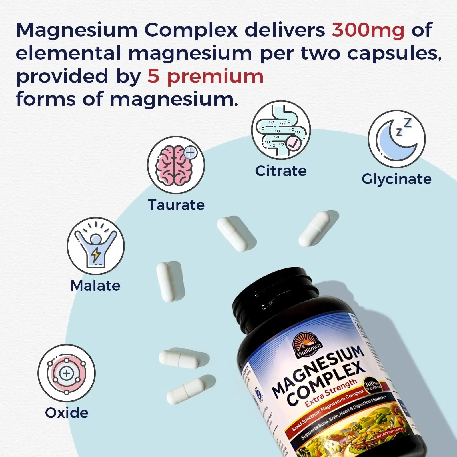 Vitalitown Magnesium Complex Supplement | 300mg Elemental Mag | Magnesium Citrate Glycinate Taurate Malate | Non-GMO, No Gluten, 90 Vegan Magnesio Capsules for Bone Brain Heart - TrustMedUSA