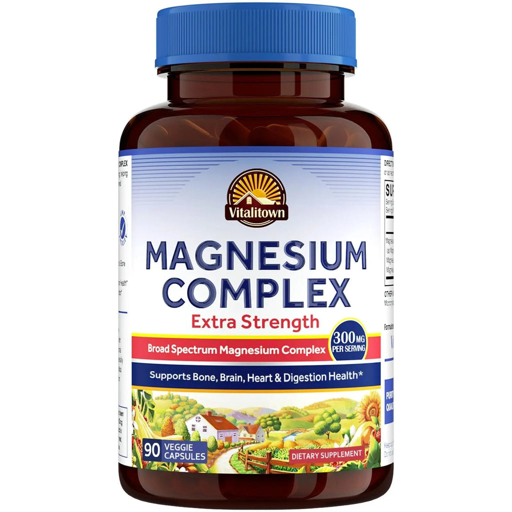 Vitalitown Magnesium Complex Supplement | 300mg Elemental Mag | Magnesium Citrate Glycinate Taurate Malate | Non-GMO, No Gluten, 90 Vegan Magnesio Capsules for Bone Brain Heart - TrustMedUSA