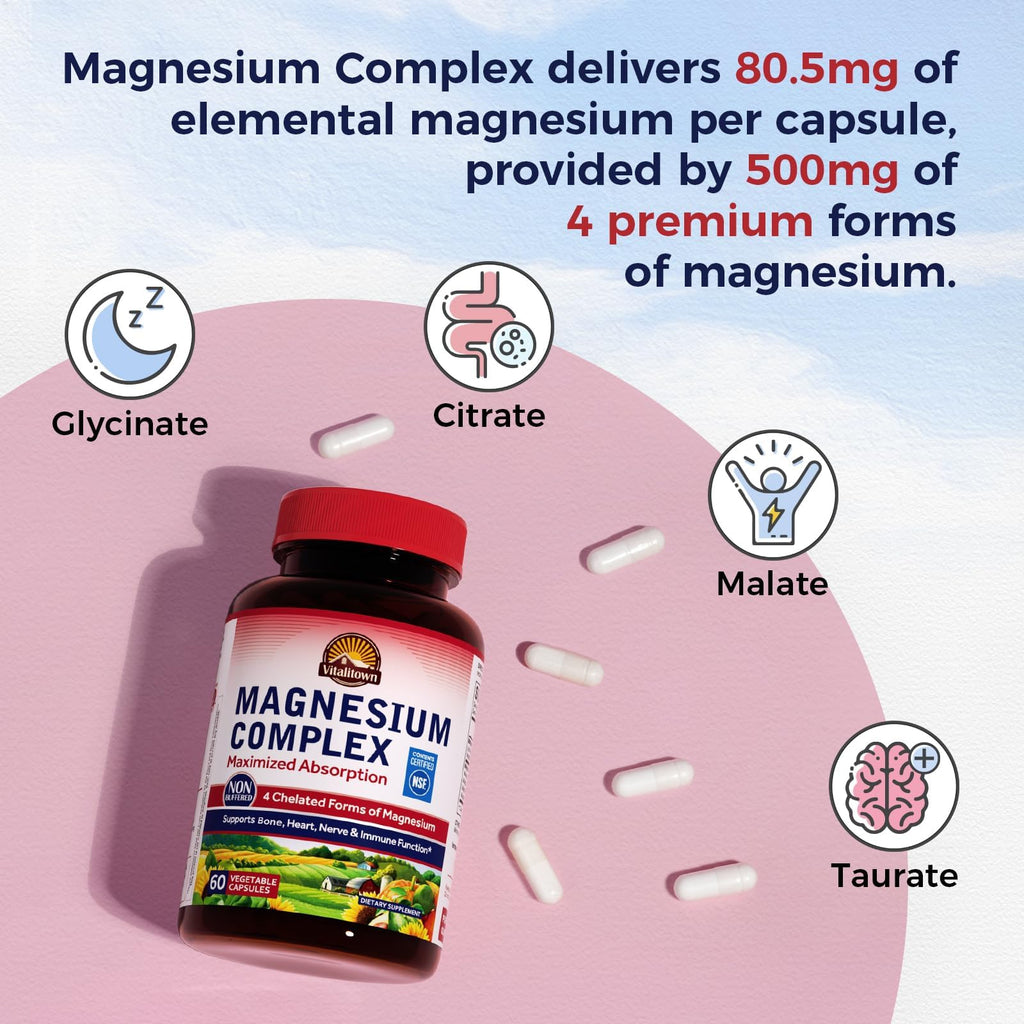 Vitalitown Magnesium Complex Supplement 500mg - NSF Certified Magnesium Glycinate, Malate, Taurate & Citrate - Chelated High Absorption & Gentle on Stomach - TrustMedUSA