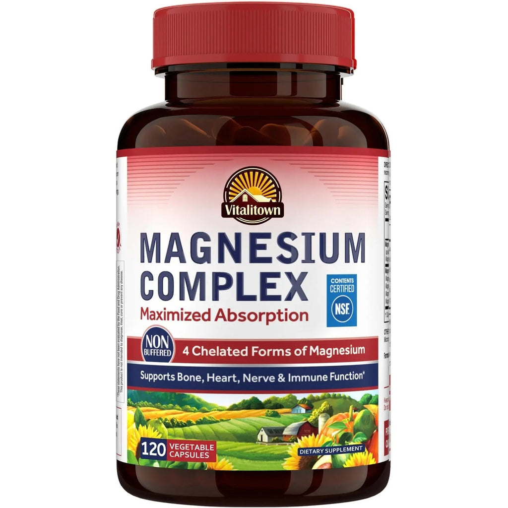 Vitalitown Magnesium Complex Supplement 500mg - NSF Certified Magnesium Glycinate, Malate, Taurate & Citrate - Chelated High Absorption & Gentle on Stomach - Vegan Non-GMO 120 Capsules - TrustMedUSA