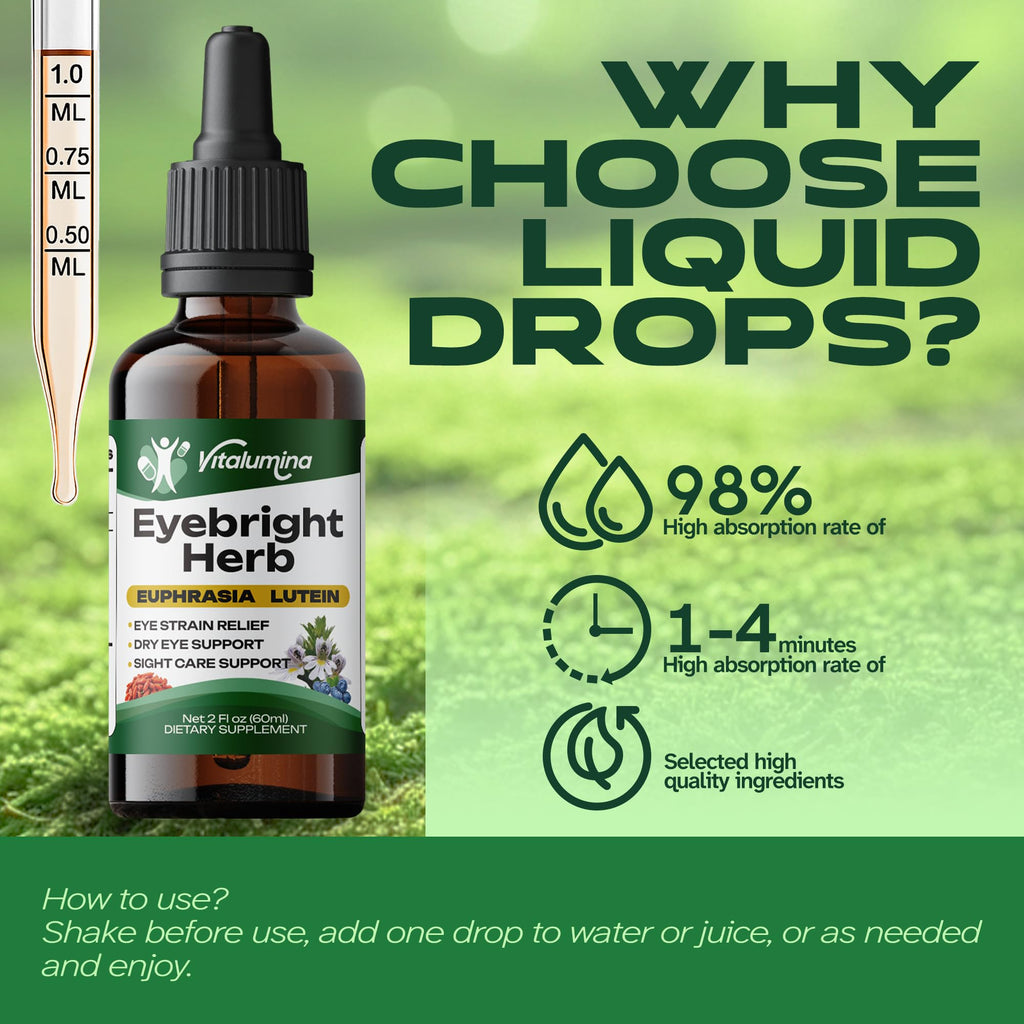 Vitalumina Eyebright Herbal Liquid with Organic Euphrasia, Lutein, Bilberry, Blueberry & Goji – Plant-Based Vegan Supplement for Adults – 4 fl oz - TrustMedUSA