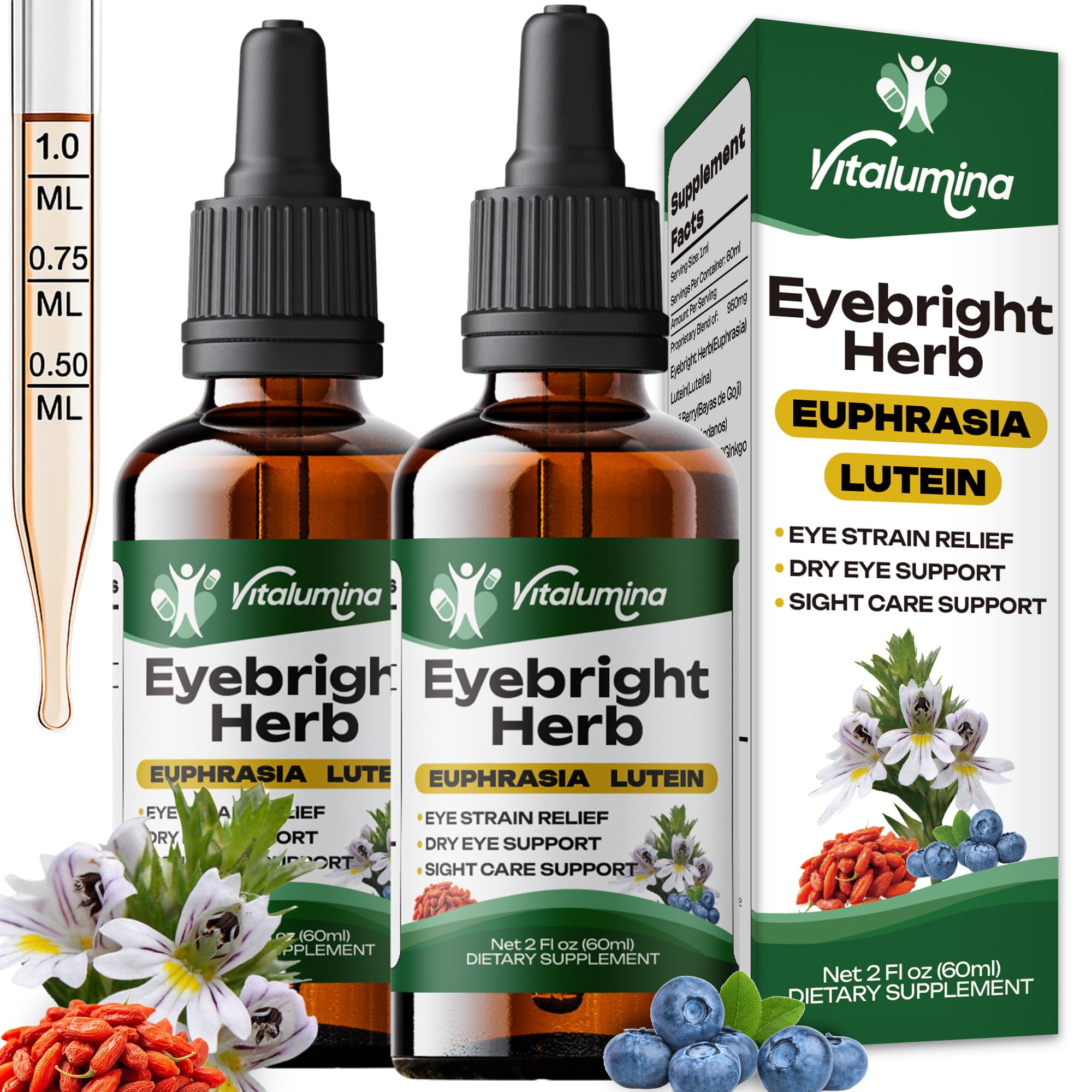 Vitalumina Eyebright Herbal Liquid with Organic Euphrasia, Lutein, Bilberry, Blueberry & Goji – Plant-Based Vegan Supplement for Adults – 4 fl oz - TrustMedUSA