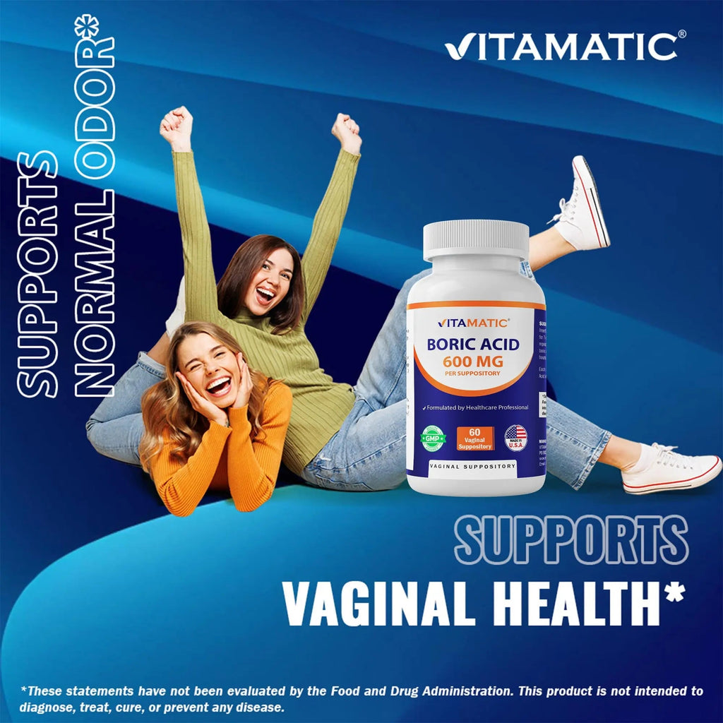 Vitamatic Boric Acid Vaginal Capsule Shell Suppositories 600 mg USP Grade Boric Acid in Vegetarian Capsule Shell - 60 Count - TrustMedUSA