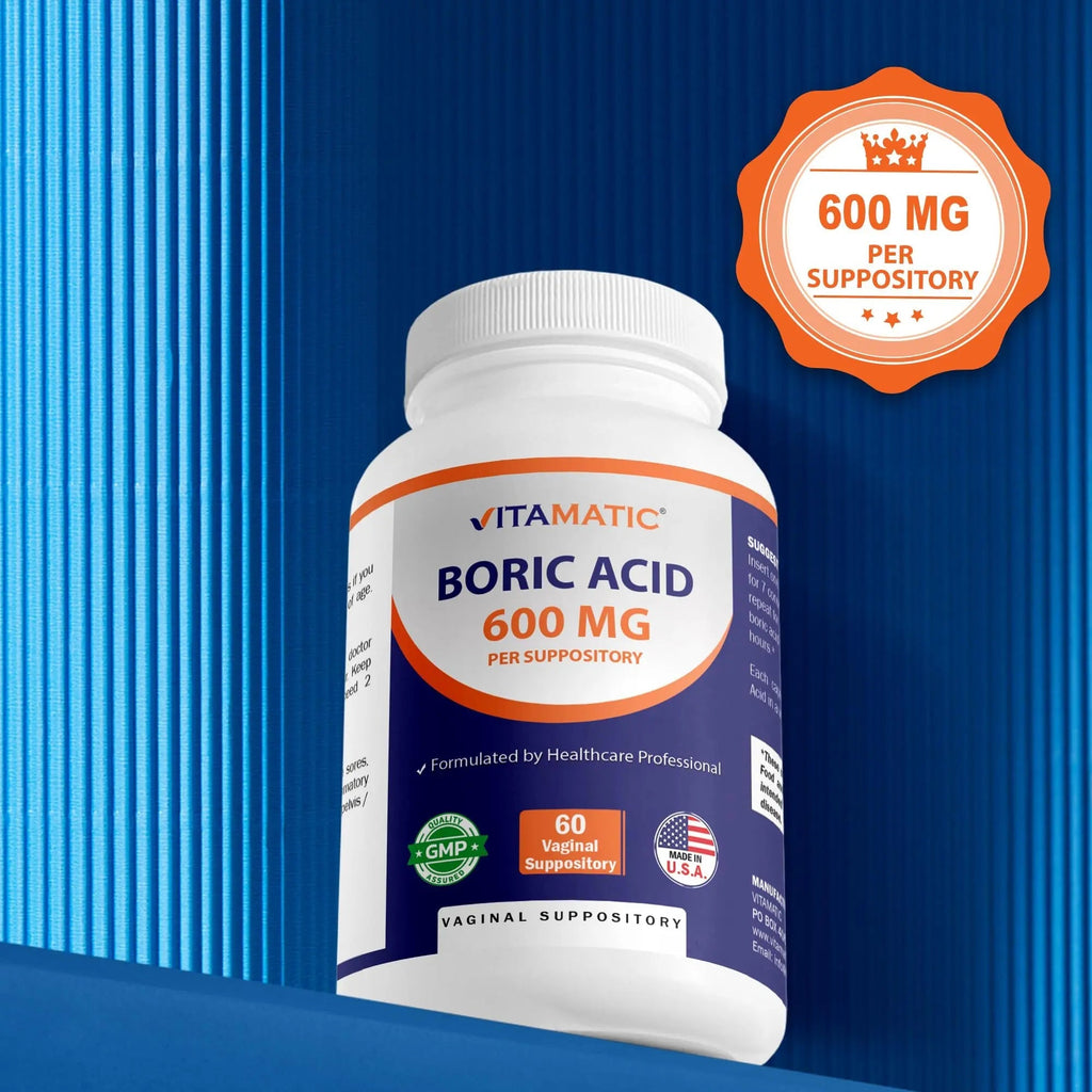 Vitamatic Boric Acid Vaginal Capsule Shell Suppositories 600 mg USP Grade Boric Acid in Vegetarian Capsule Shell - 60 Count - TrustMedUSA