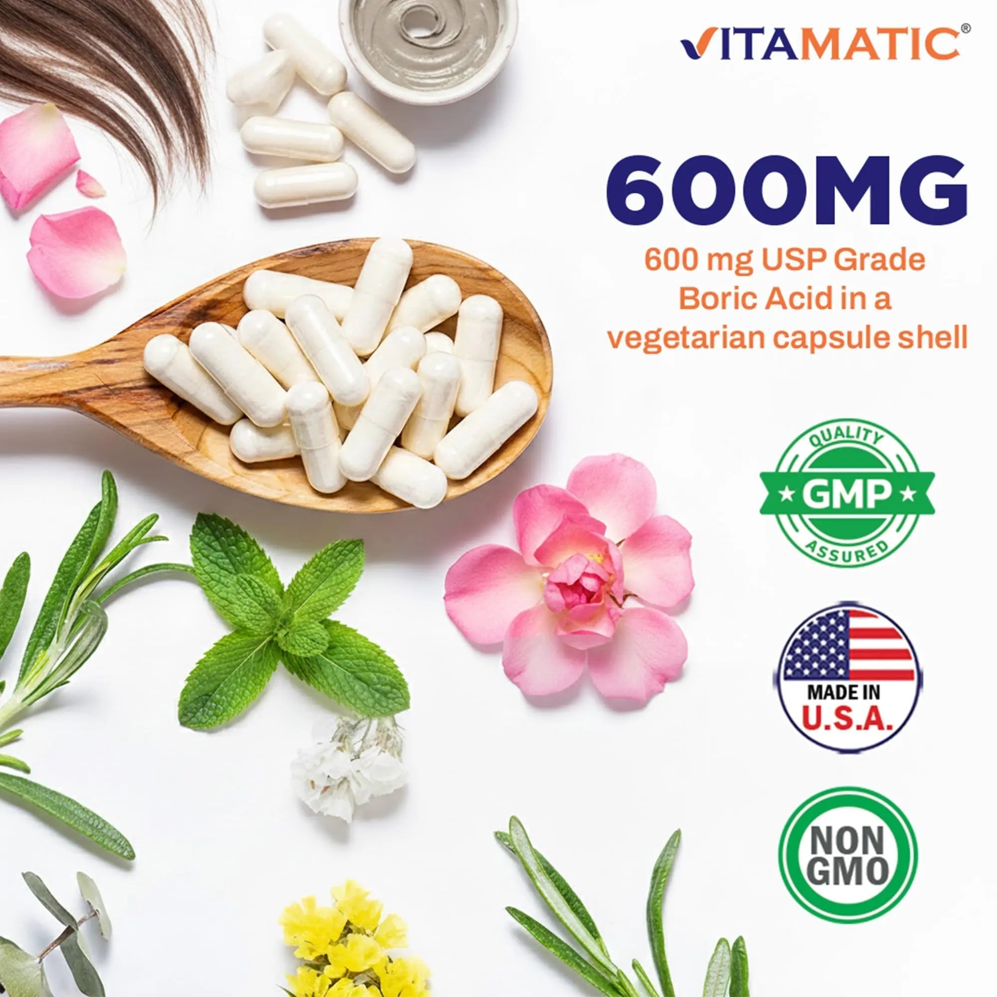 Vitamatic Boric Acid Vaginal Capsule Shell Suppositories 600 mg USP Grade Boric Acid in Vegetarian Capsule Shell - 60 Count - TrustMedUSA