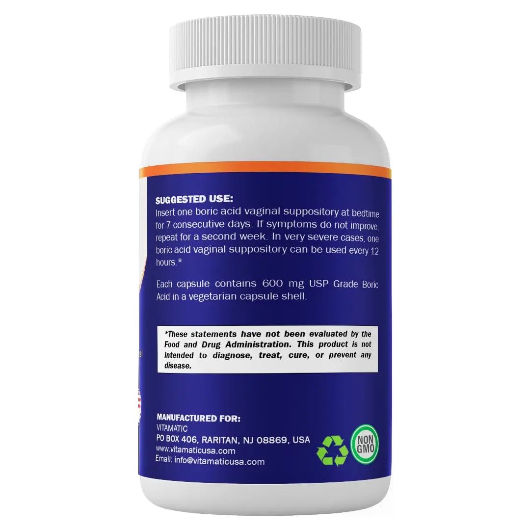 Vitamatic Boric Acid Vaginal Capsule Shell Suppositories 600 mg USP Grade Boric Acid in Vegetarian Capsule Shell - 60 Count - TrustMedUSA
