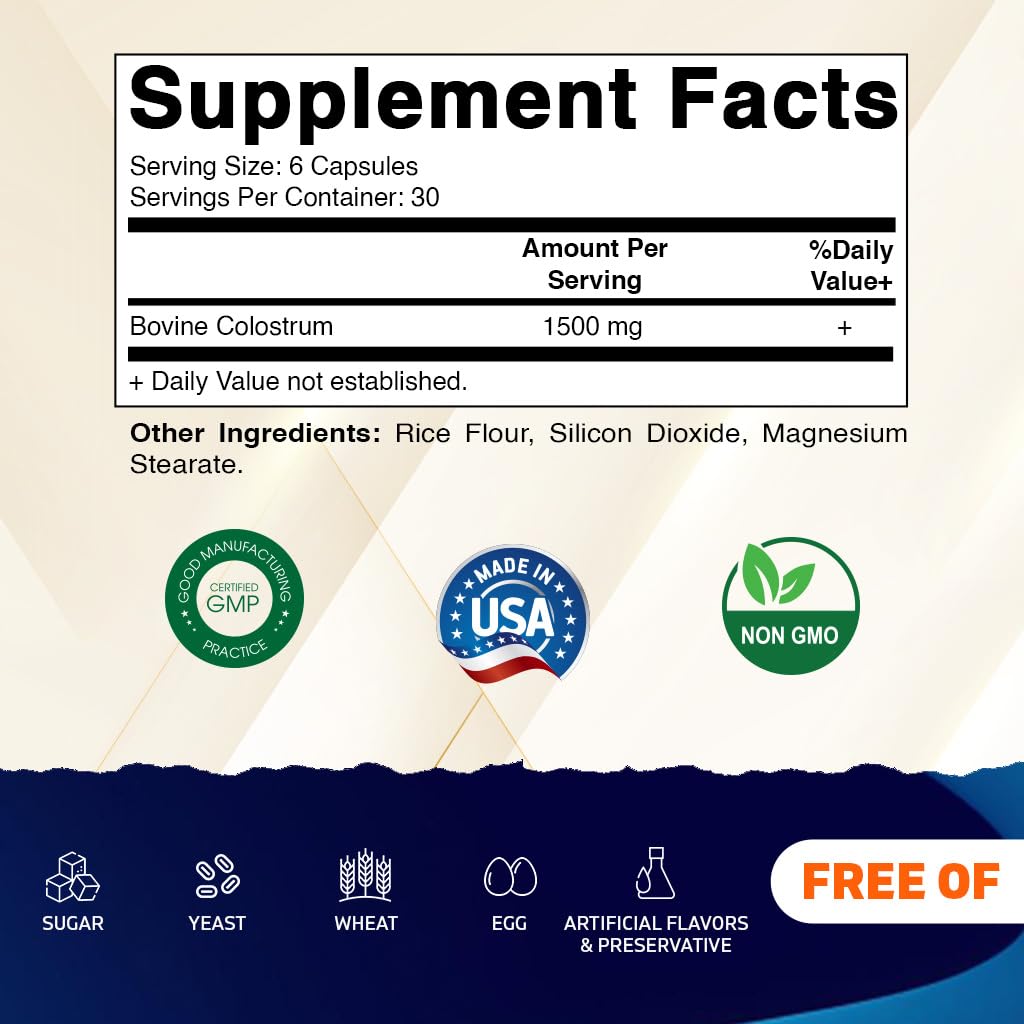 Vitamatic Bovine Colostrum 30% IgG Supplement 1500 mg per Serving - Supplement for Gut Health, Hair Growth, Beauty, Muscle Recovery, & Immune Support - 180 Veg Capsules - TrustMedUSA