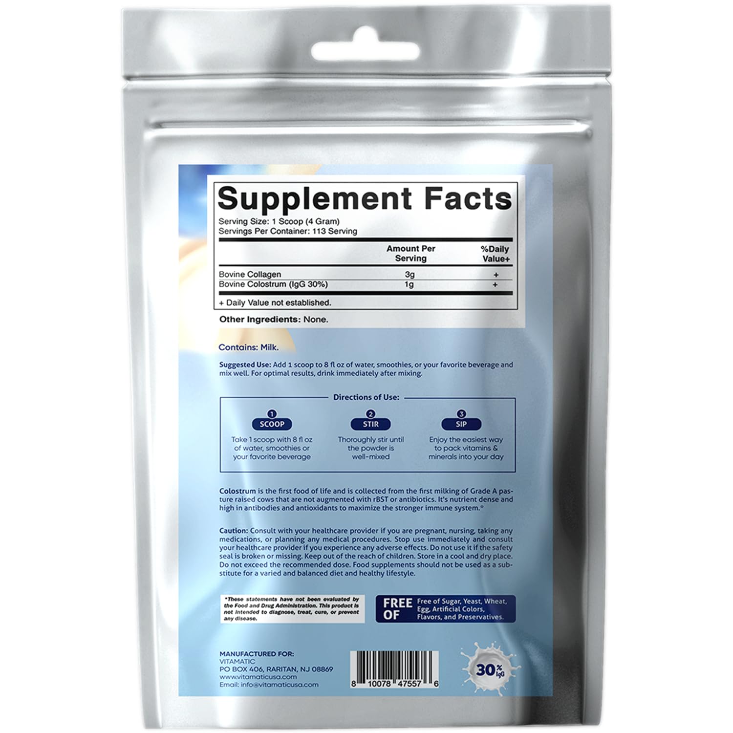 Vitamatic Bovine Colostrum + Collagen Powder - Supplement for Gut Health, Hair Growth, Beauty, Muscle Recovery, & Immune Support - Easy to Mix - Unflavored - 454 Gram, (16 oz) - TrustMedUSA