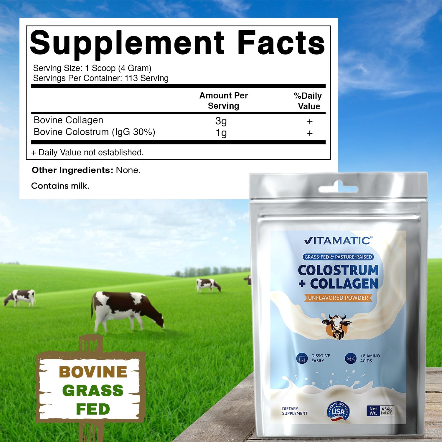 Vitamatic Bovine Colostrum + Collagen Powder - Supplement for Gut Health, Hair Growth, Beauty, Muscle Recovery, & Immune Support - Easy to Mix - Unflavored - 454 Gram, (16 oz) - TrustMedUSA