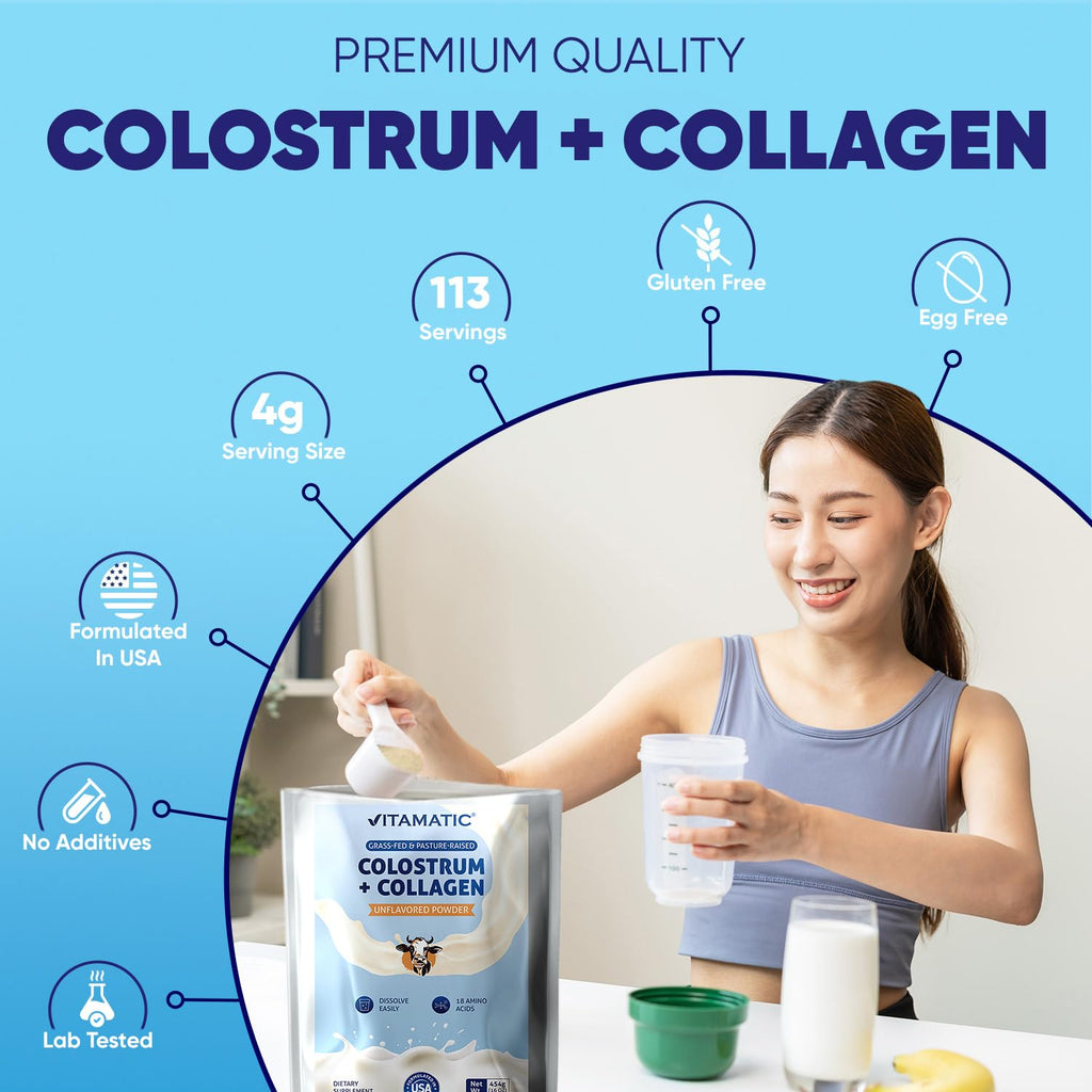 Vitamatic Bovine Colostrum + Collagen Powder - Supplement for Gut Health, Hair Growth, Beauty, Muscle Recovery, & Immune Support - Easy to Mix - Unflavored - 454 Gram, (16 oz) - TrustMedUSA