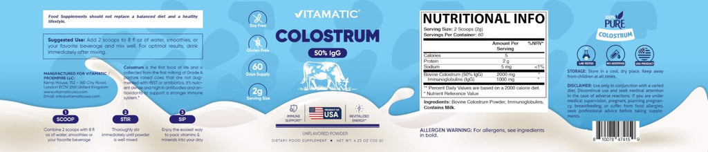 Vitamatic Bovine Colostrum Powder - 50% Highest IgG -120 Gram - Supplement for Gut Health, Hair Growth, Beauty, Muscle Recovery, & Immune Support - Easy to Mix - Unflavored - 60 Servings - TrustMedUSA