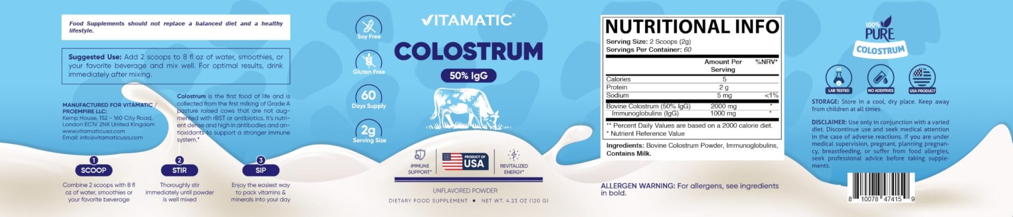 Vitamatic Bovine Colostrum Powder - 50% Highest IgG -120 Gram - Supplement for Gut Health, Hair Growth, Beauty, Muscle Recovery, & Immune Support - Easy to Mix - Unflavored - 60 Servings - TrustMedUSA