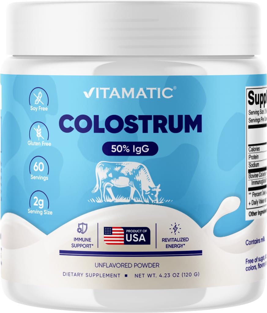 Vitamatic Bovine Colostrum Powder - 50% Highest IgG -120 Gram - Supplement for Gut Health, Hair Growth, Beauty, Muscle Recovery, & Immune Support - Easy to Mix - Unflavored - 60 Servings - TrustMedUSA