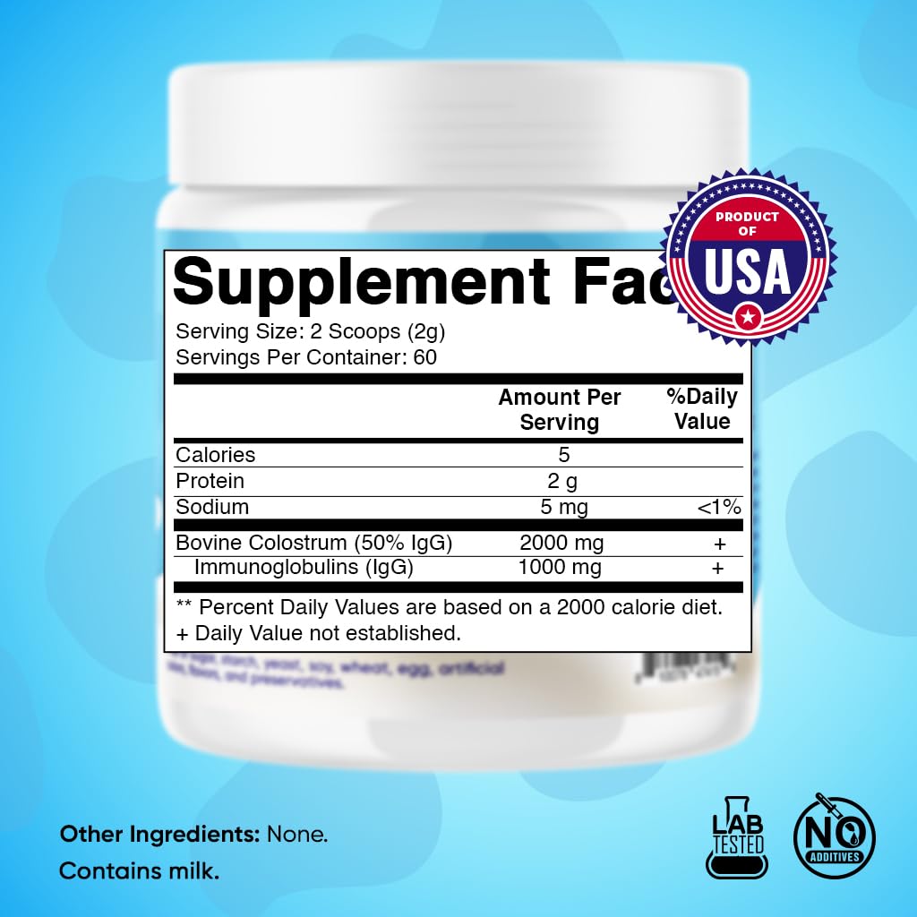 Vitamatic Bovine Colostrum Powder - 50% Highest IgG -120 Gram - Supplement for Gut Health, Hair Growth, Beauty, Muscle Recovery, & Immune Support - Easy to Mix - Unflavored - 60 Servings - TrustMedUSA