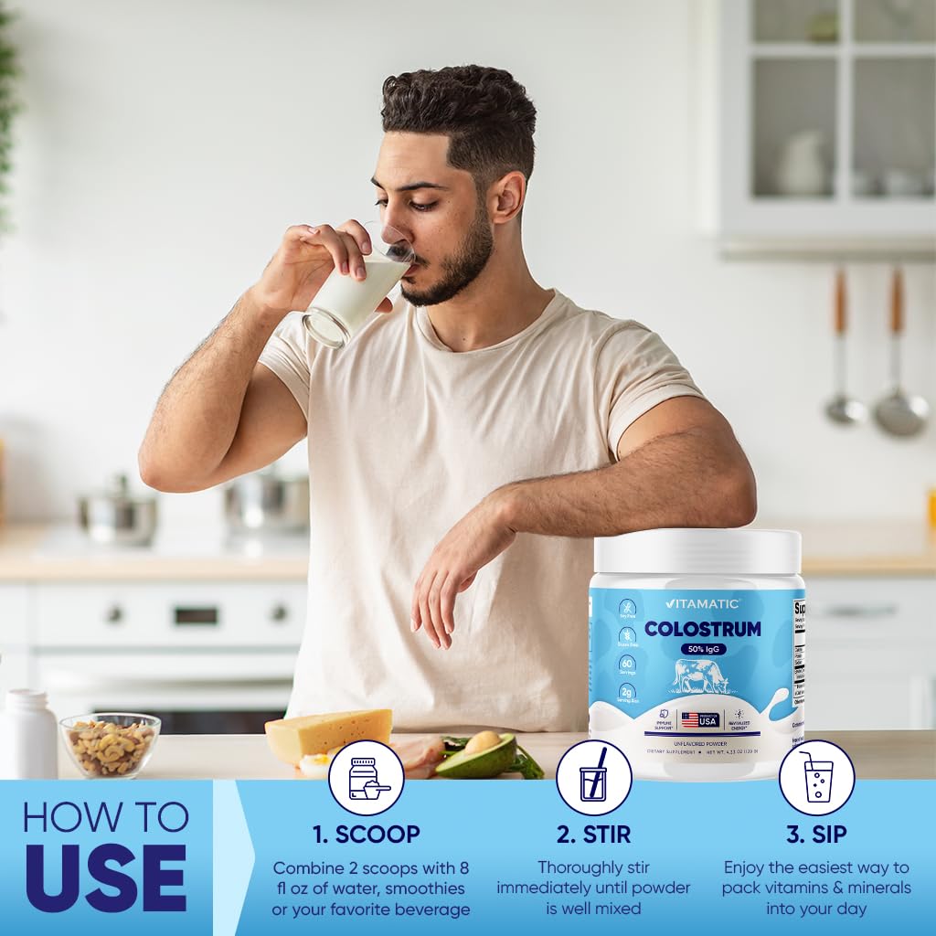 Vitamatic Bovine Colostrum Powder - 50% Highest IgG -120 Gram - Supplement for Gut Health, Hair Growth, Beauty, Muscle Recovery, & Immune Support - Easy to Mix - Unflavored - 60 Servings - TrustMedUSA