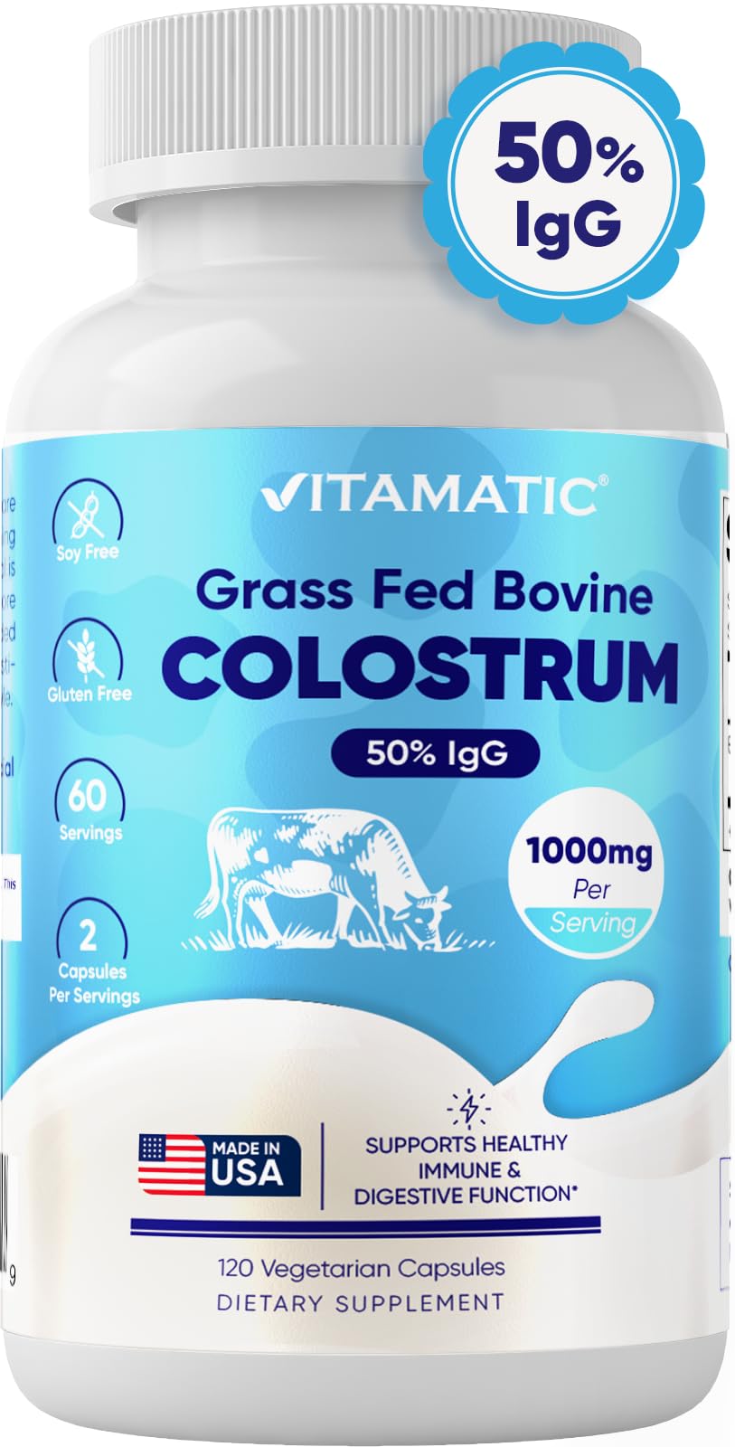 Vitamatic Bovine Colostrum Supplement 1000 mg per Serving - 50% Highest IgG - Supplement for Gut Health, Hair Growth, Beauty, Muscle Recovery, & Immune Support - 120 Capsules - TrustMedUSA