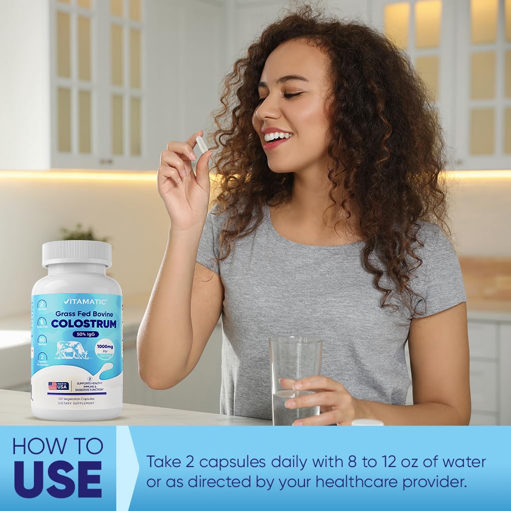 Vitamatic Bovine Colostrum Supplement 1000 mg per Serving - 50% Highest IgG - Supplement for Gut Health, Hair Growth, Beauty, Muscle Recovery, & Immune Support - 120 Capsules - TrustMedUSA