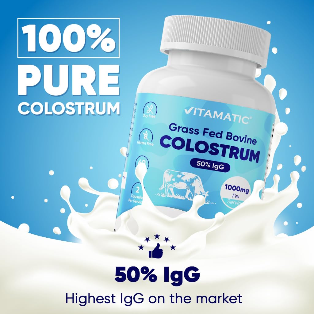 Vitamatic Bovine Colostrum Supplement 1000 mg per Serving - 50% Highest IgG - Supplement for Gut Health, Hair Growth, Beauty, Muscle Recovery, & Immune Support - 120 Capsules - TrustMedUSA