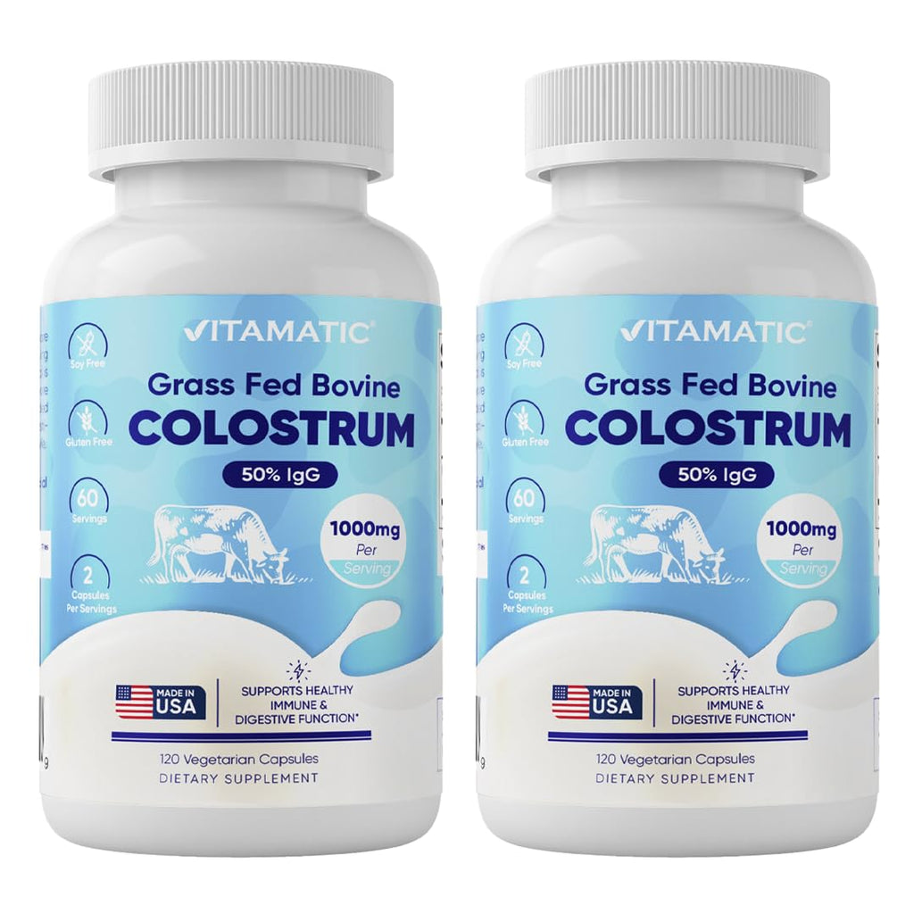 Vitamatic Bovine Colostrum Supplement 1000 mg per Serving - 50% Highest IgG - Supplement for Gut Health, Hair Growth, Beauty, Muscle Recovery, & Immune Support - 120 Capsules - 2 Pack - TrustMedUSA