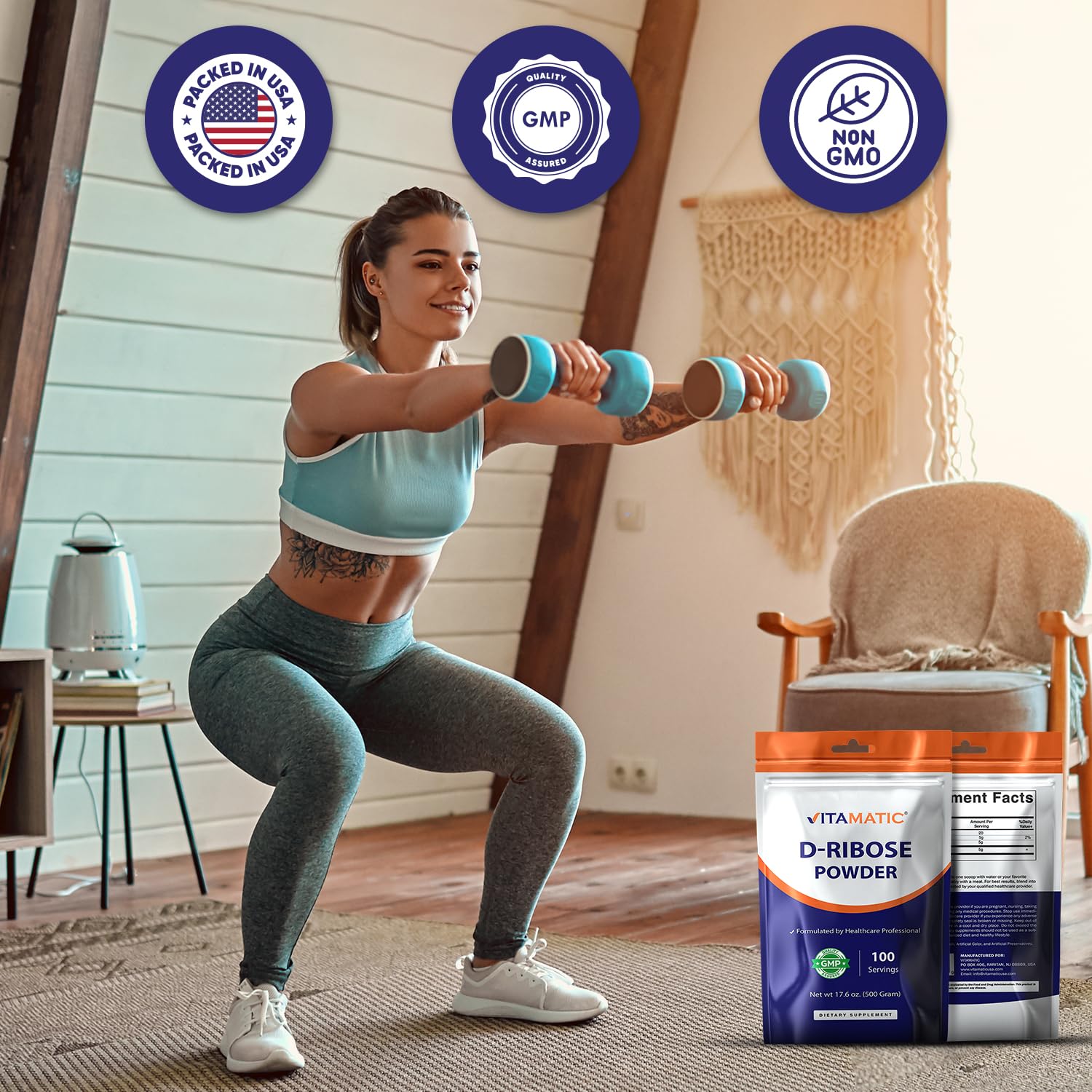 Vitamatic D-Ribose Powder 500g - 17.6 OZ (500 Gram) | Pure & Unflavored | Non-GMO | Easy-Mix Dietary Supplement - TrustMedUSA