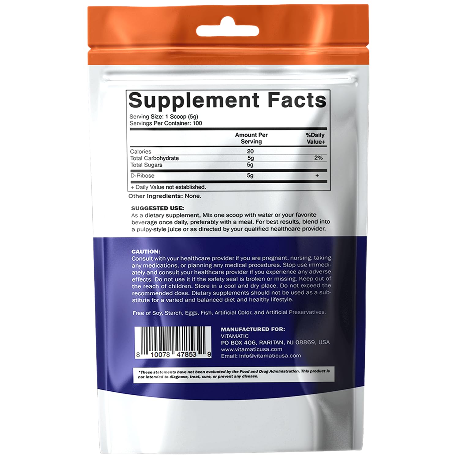 Vitamatic D-Ribose Powder 500g - 17.6 OZ (500 Gram) | Pure & Unflavored | Non-GMO | Easy-Mix Dietary Supplement - TrustMedUSA