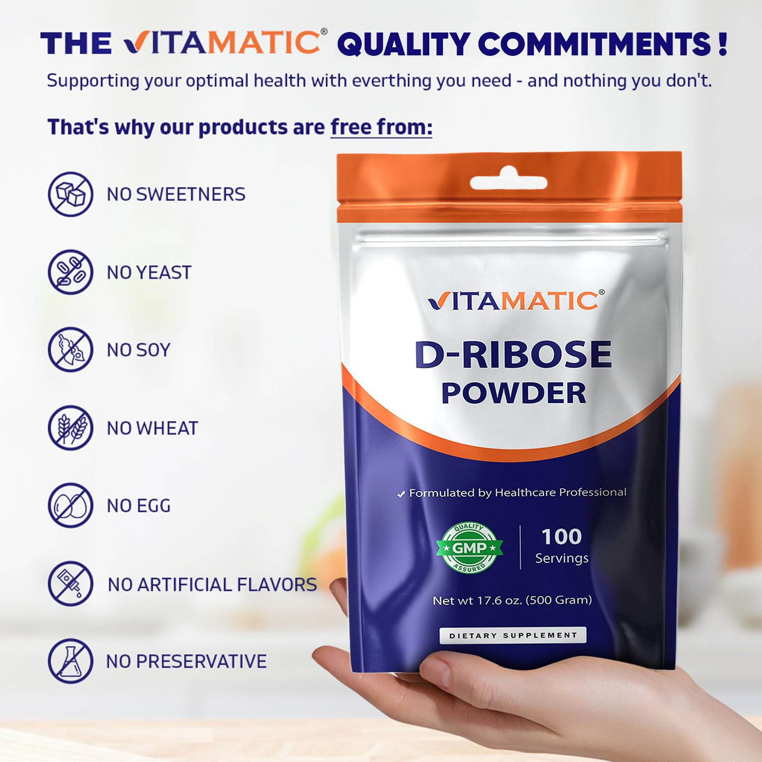 Vitamatic D-Ribose Powder 500g - 17.6 OZ (500 Gram) | Pure & Unflavored | Non-GMO | Easy-Mix Dietary Supplement - TrustMedUSA