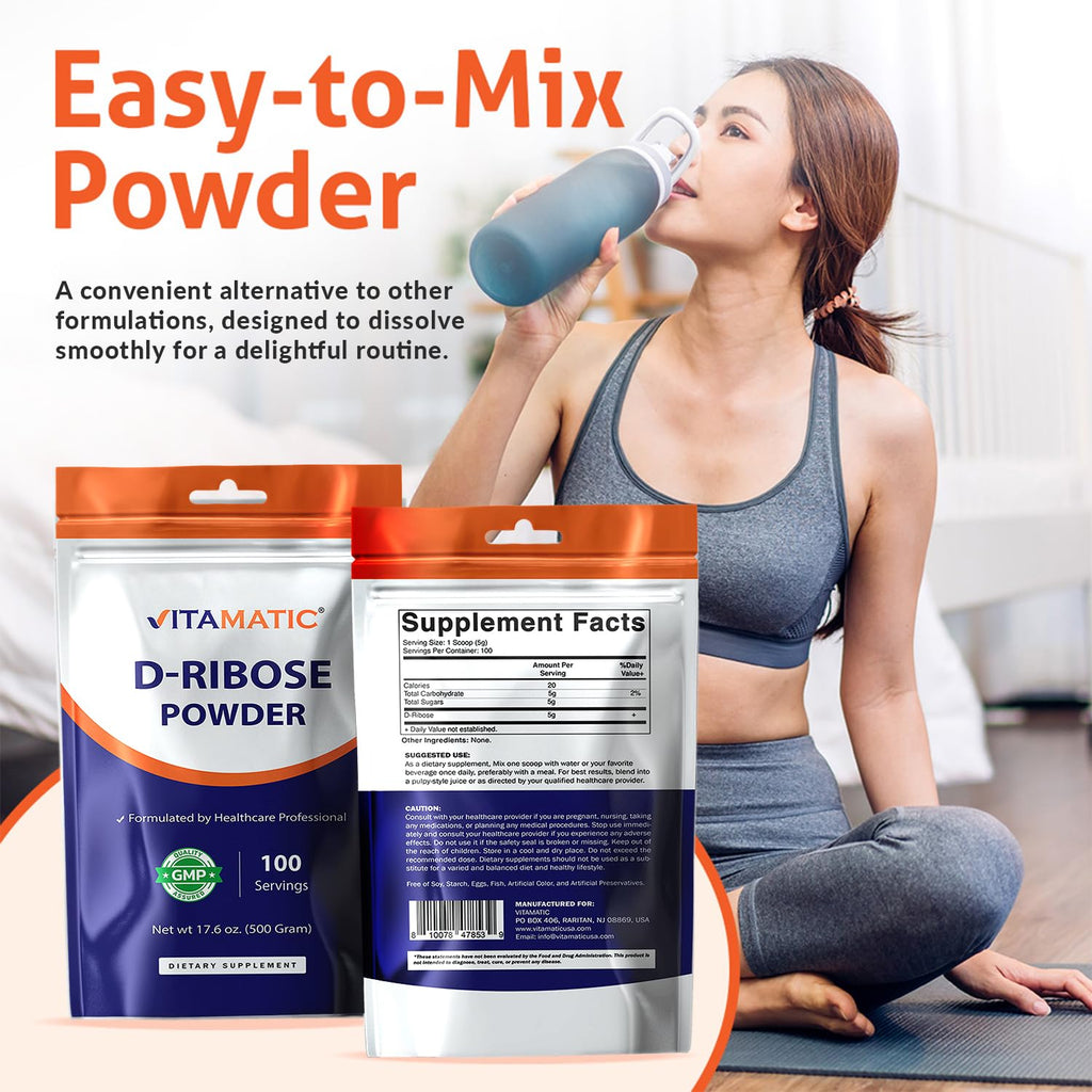 Vitamatic D-Ribose Powder 500g - 17.6 OZ (500 Gram) | Pure & Unflavored | Non-GMO | Easy-Mix Dietary Supplement - TrustMedUSA