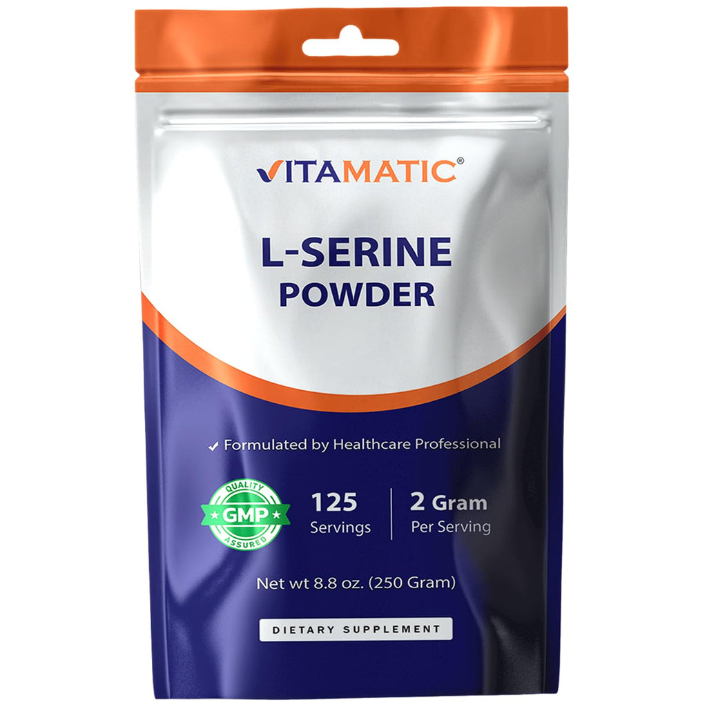 Vitamatic L-Serine Pure Powder 250 Gram | 2000 mg per Serving | 125 Servings | Unflavored | No Additives | Free of Soy, Eggs, Fish & Artificial Ingredients - TrustMedUSA