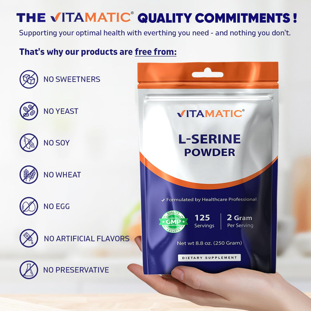 Vitamatic L-Serine Pure Powder 250 Gram | 2000 mg per Serving | 125 Servings | Unflavored | No Additives | Free of Soy, Eggs, Fish & Artificial Ingredients - TrustMedUSA