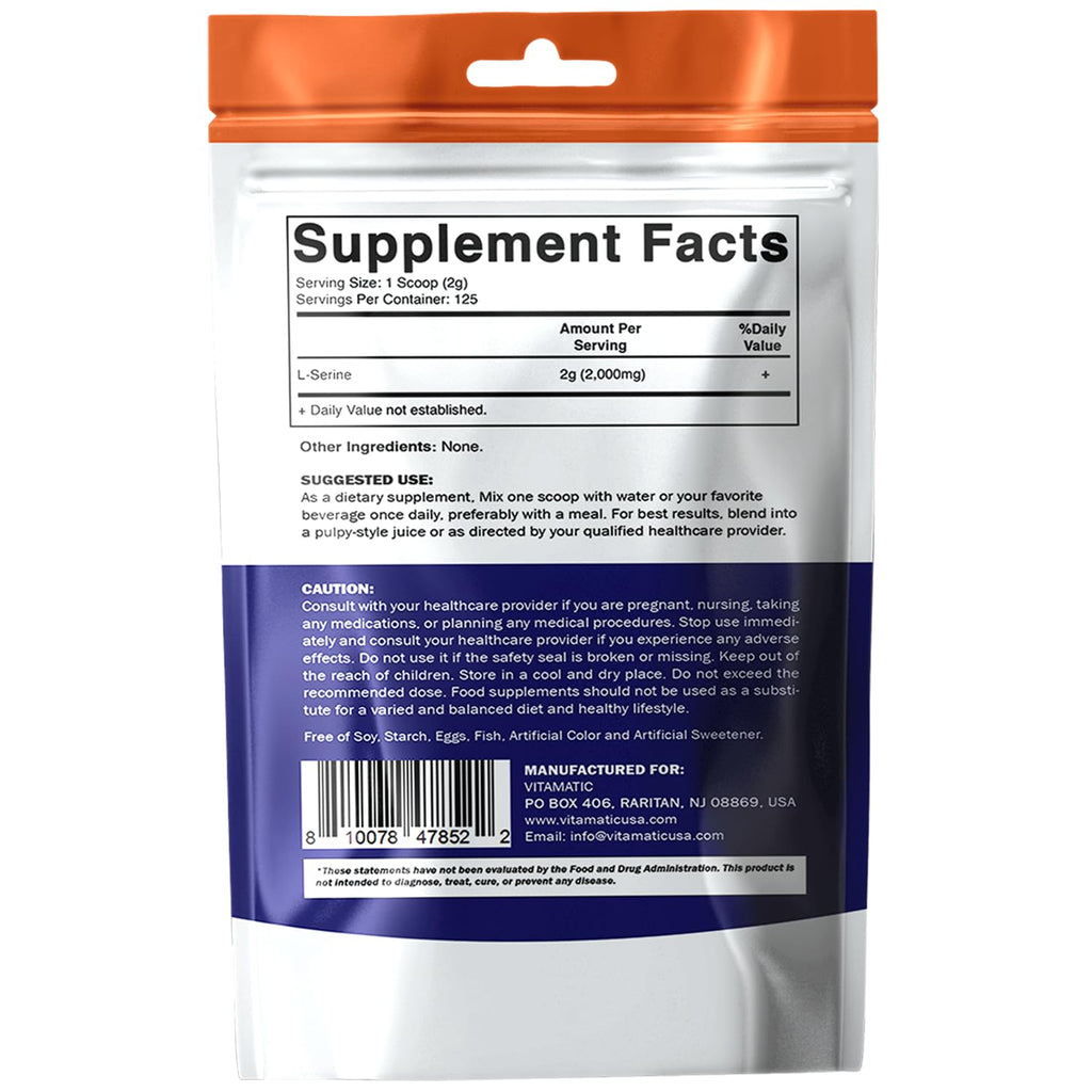 Vitamatic L-Serine Pure Powder 250 Gram | 2000 mg per Serving | 125 Servings | Unflavored | No Additives | Free of Soy, Eggs, Fish & Artificial Ingredients - TrustMedUSA