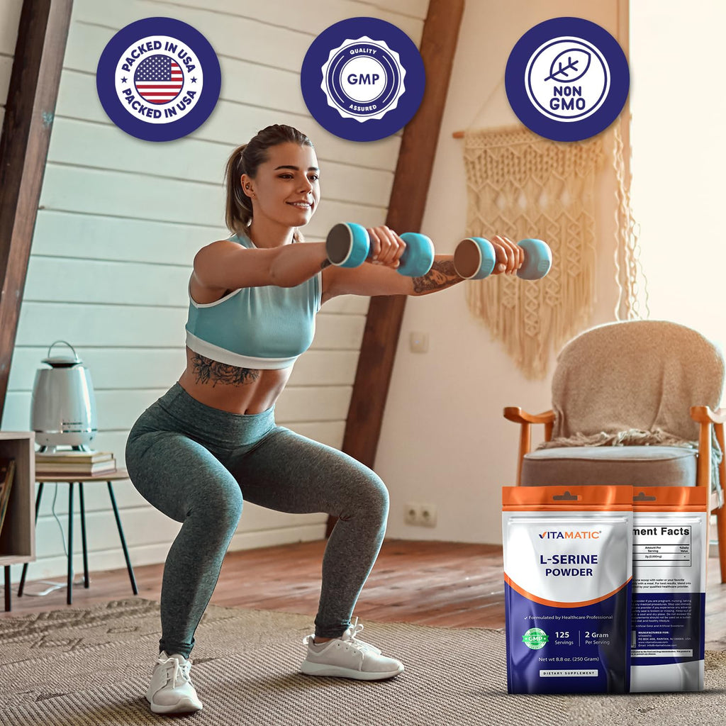 Vitamatic L-Serine Pure Powder 250 Gram | 2000 mg per Serving | 125 Servings | Unflavored | No Additives | Free of Soy, Eggs, Fish & Artificial Ingredients - TrustMedUSA