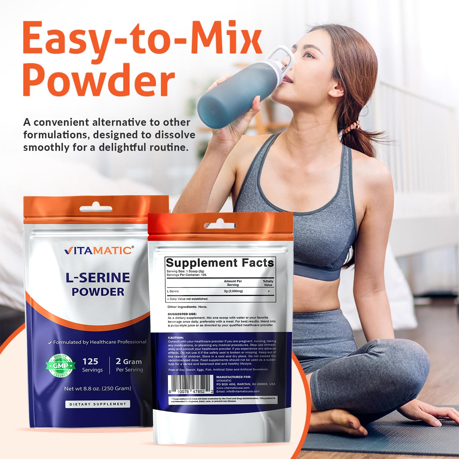 Vitamatic L-Serine Pure Powder 250 Gram | 2000 mg per Serving | 125 Servings | Unflavored | No Additives | Free of Soy, Eggs, Fish & Artificial Ingredients - TrustMedUSA