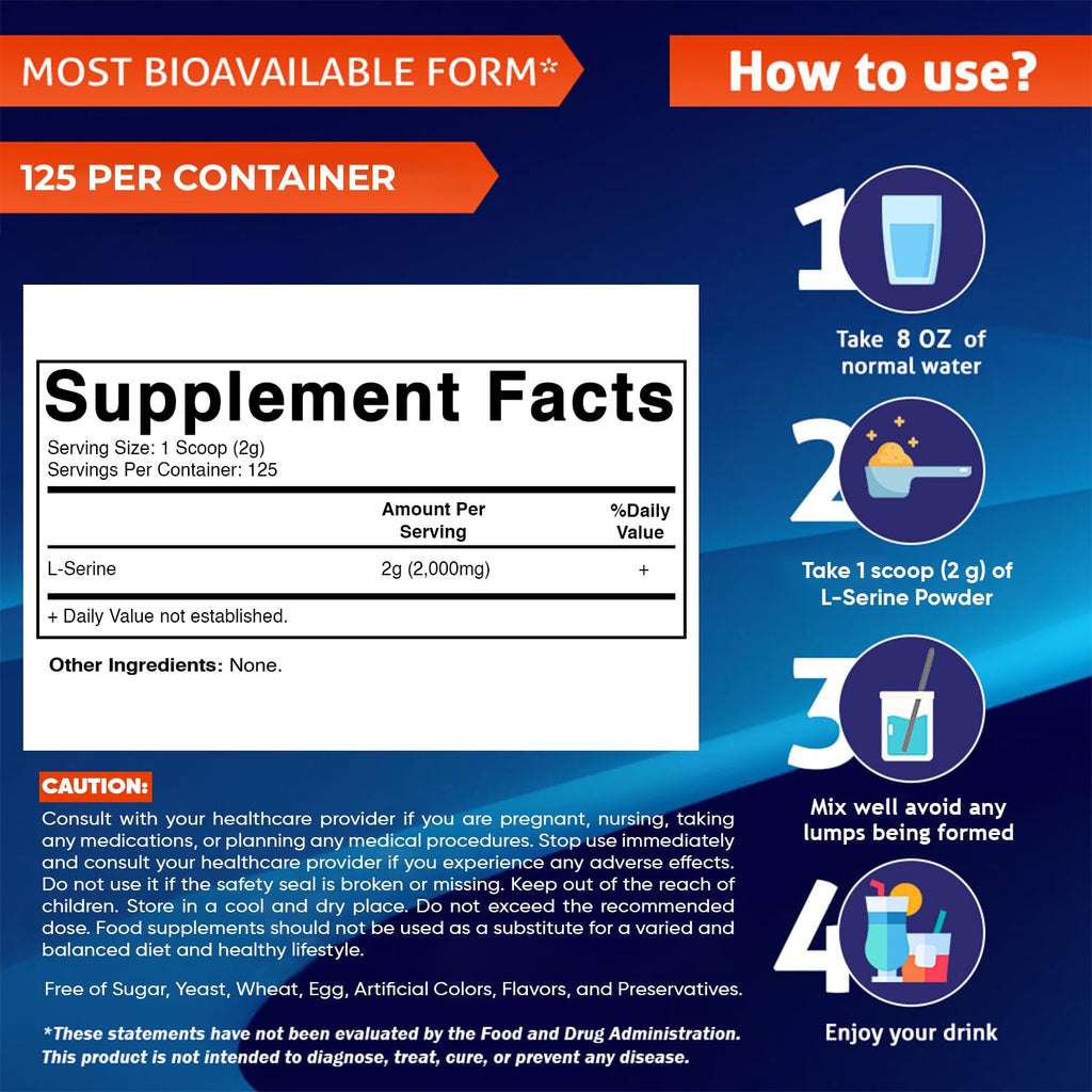 Vitamatic L-Serine Pure Powder 250 Gram | 2000 mg per Serving | 125 Servings | Unflavored | No Additives | Free of Soy, Eggs, Fish & Artificial Ingredients - TrustMedUSA