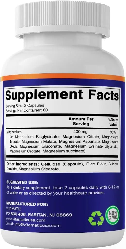 Vitamatic Magnesium Complex, 400mg Elemental MG (as Bisglycinate, Citrate, Taurate, Malate, Aspartate, Oxide, Gluconate, Lysinate Glycinate, Orotate, Succinate) – 120 Capsules - TrustMedUSA