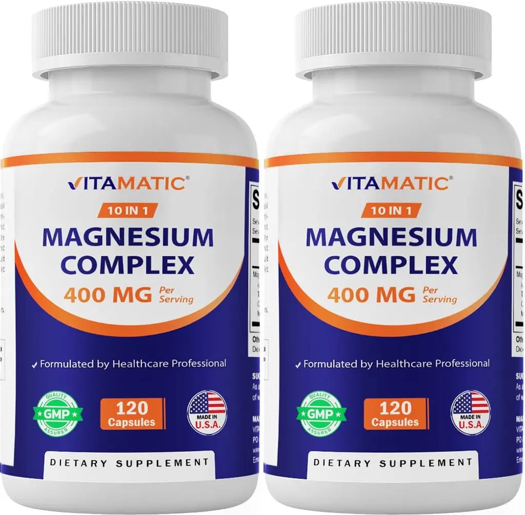 Vitamatic Magnesium Complex, 400mg Elemental MG (as Bisglycinate, Citrate, Taurate, Malate, Aspartate, Oxide, Gluconate, Lysinate Glycinate, Orotate, Succinate) - 120 Capsules per Pack - 2 Pack - TrustMedUSA