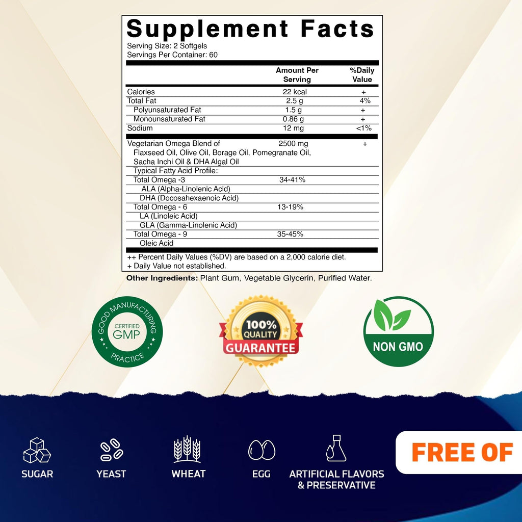 Vitamatic Vegan Omega 3-6-9 Complex 1250mg | Flaxseed, Olive, Borage & Algae Oils | Plant-Based Omegas | 120 Softgels - TrustMedUSA
