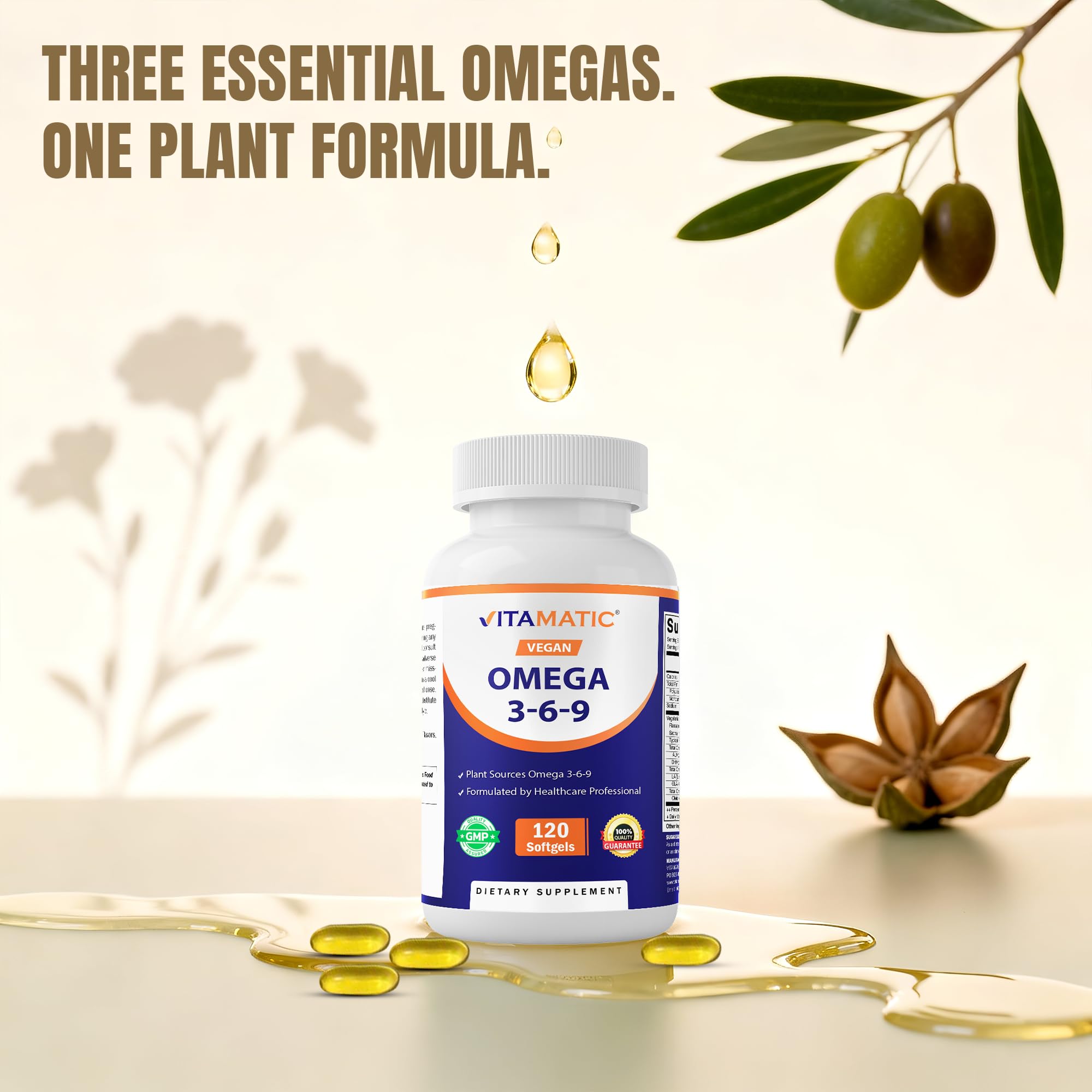 Vitamatic Vegan Omega 3-6-9 Complex 1250mg | Flaxseed, Olive, Borage & Algae Oils | Plant-Based Omegas | 120 Softgels - TrustMedUSA