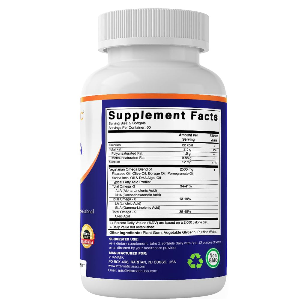 Vitamatic Vegan Omega 3-6-9 Complex 1250mg | Flaxseed, Olive, Borage & Algae Oils | Plant-Based Omegas | 120 Softgels - TrustMedUSA