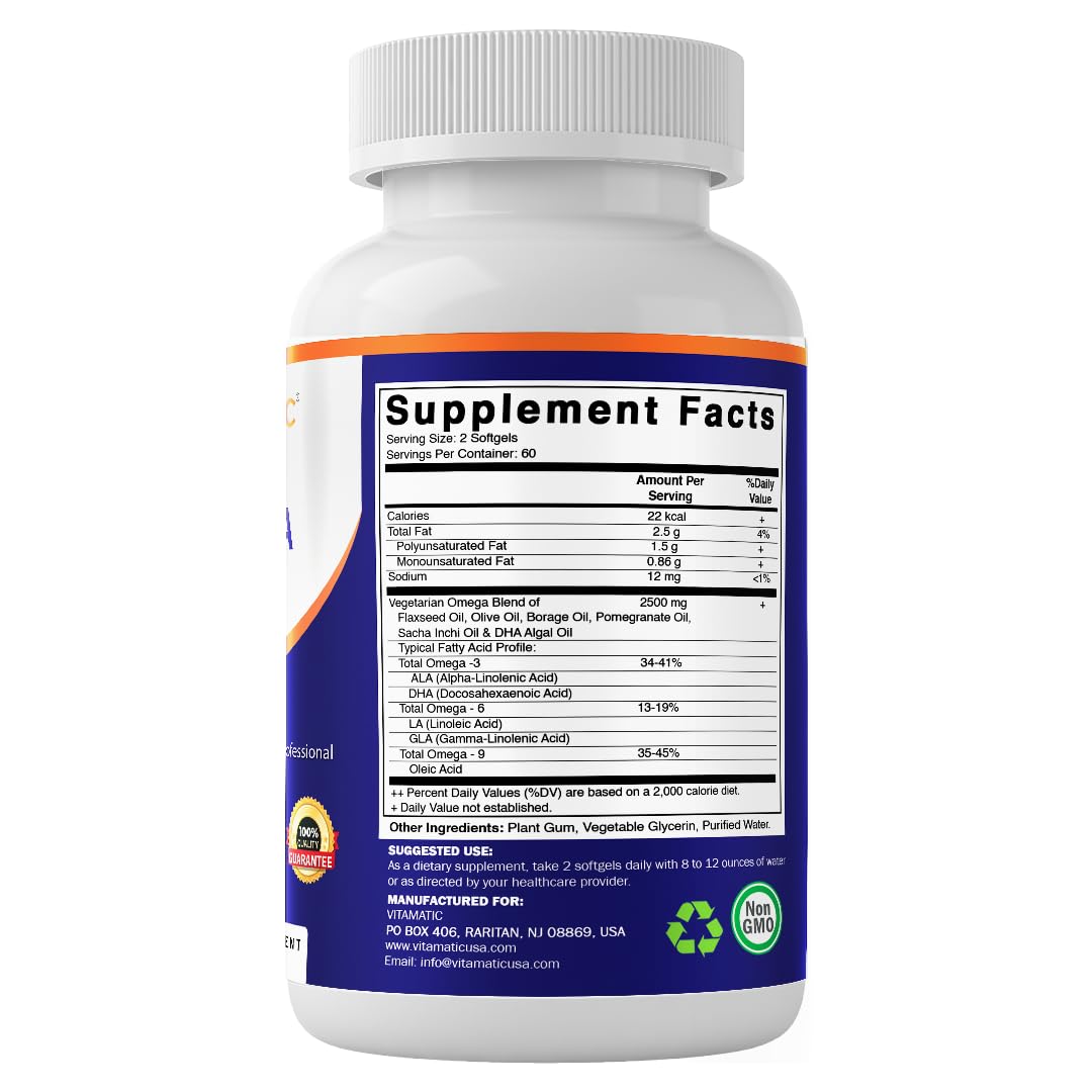 Vitamatic Vegan Omega 3-6-9 Complex 1250mg | Flaxseed, Olive, Borage & Algae Oils | Plant-Based Omegas | 120 Softgels - TrustMedUSA