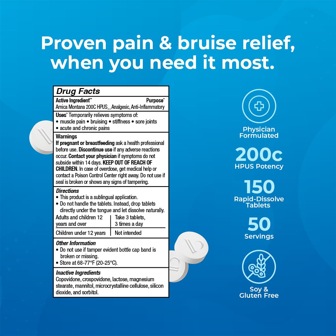 VitaMedica Arnica Montana 200C Rapid Dissolve Tablets for Natural Pain, Bruising, and Swelling Support - High Potency Homeopathic Medicine for Injury and Surgery Recovery - 150 Ct - 50 Servings - TrustMedUSA