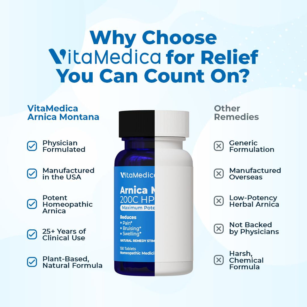 VitaMedica Arnica Montana 200C Rapid Dissolve Tablets for Natural Pain, Bruising, and Swelling Support - High Potency Homeopathic Medicine for Injury and Surgery Recovery - 150 Ct - 50 Servings - TrustMedUSA