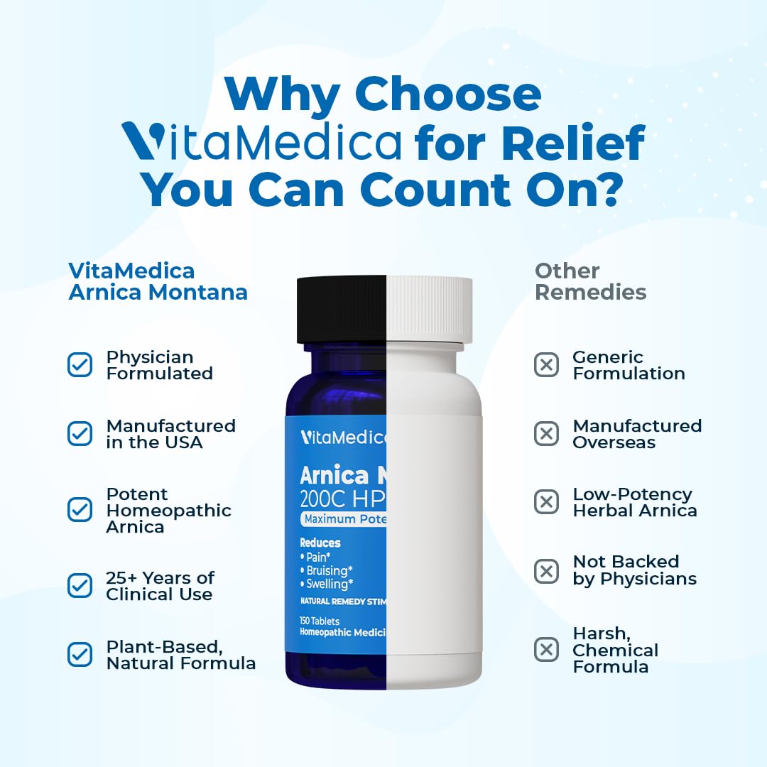 VitaMedica Arnica Montana 200C Rapid Dissolve Tablets for Natural Pain, Bruising, and Swelling Support - High Potency Homeopathic Medicine for Injury and Surgery Recovery - 150 Ct - 50 Servings - TrustMedUSA