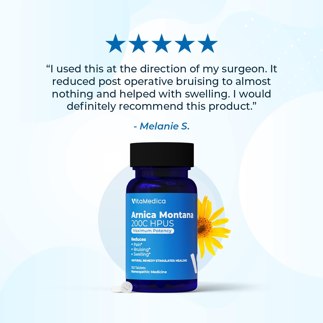 VitaMedica Arnica Montana 200C Rapid Dissolve Tablets for Natural Pain, Bruising, and Swelling Support - High Potency Homeopathic Medicine for Injury and Surgery Recovery - 150 Ct - 50 Servings - TrustMedUSA
