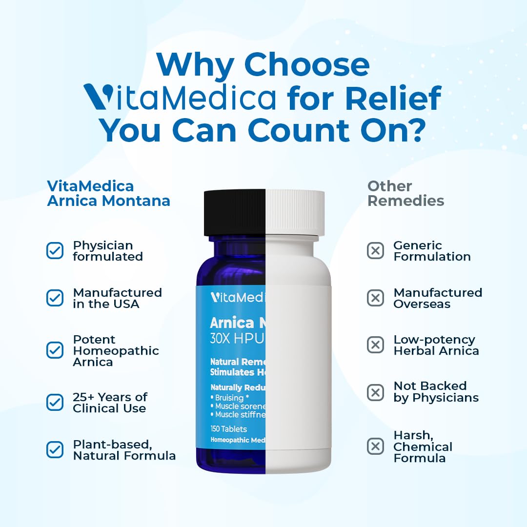 VitaMedica Arnica Montana 30X Homeopathic Tablets for Bruising Pain and Swelling | Plant Based Formula | Recommended by Plastic Surgeons | Natural Recovery Surgery Or Injury | 3 Pack | 150 Servings - TrustMedUSA