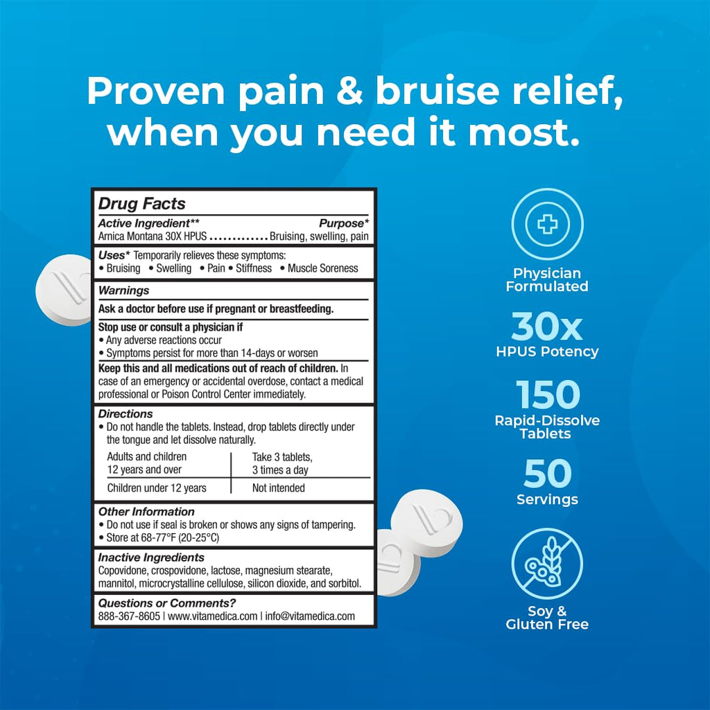 VitaMedica Arnica Montana 30X Homeopathic Tablets for Bruising Pain and Swelling | Plant Based Formula | Recommended by Plastic Surgeons | Natural Recovery Surgery Or Injury | 3 Pack | 150 Servings - TrustMedUSA