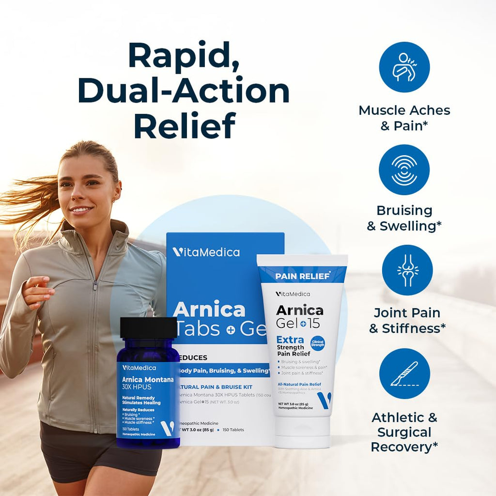 VitaMedica Arnica Montana Tablets & Arnica Gel Bundle – Support for Bruising, Swelling & Soreness, 150 Rapid-Dissolve Tablets + 3 oz Water-Based Gel - TrustMedUSA